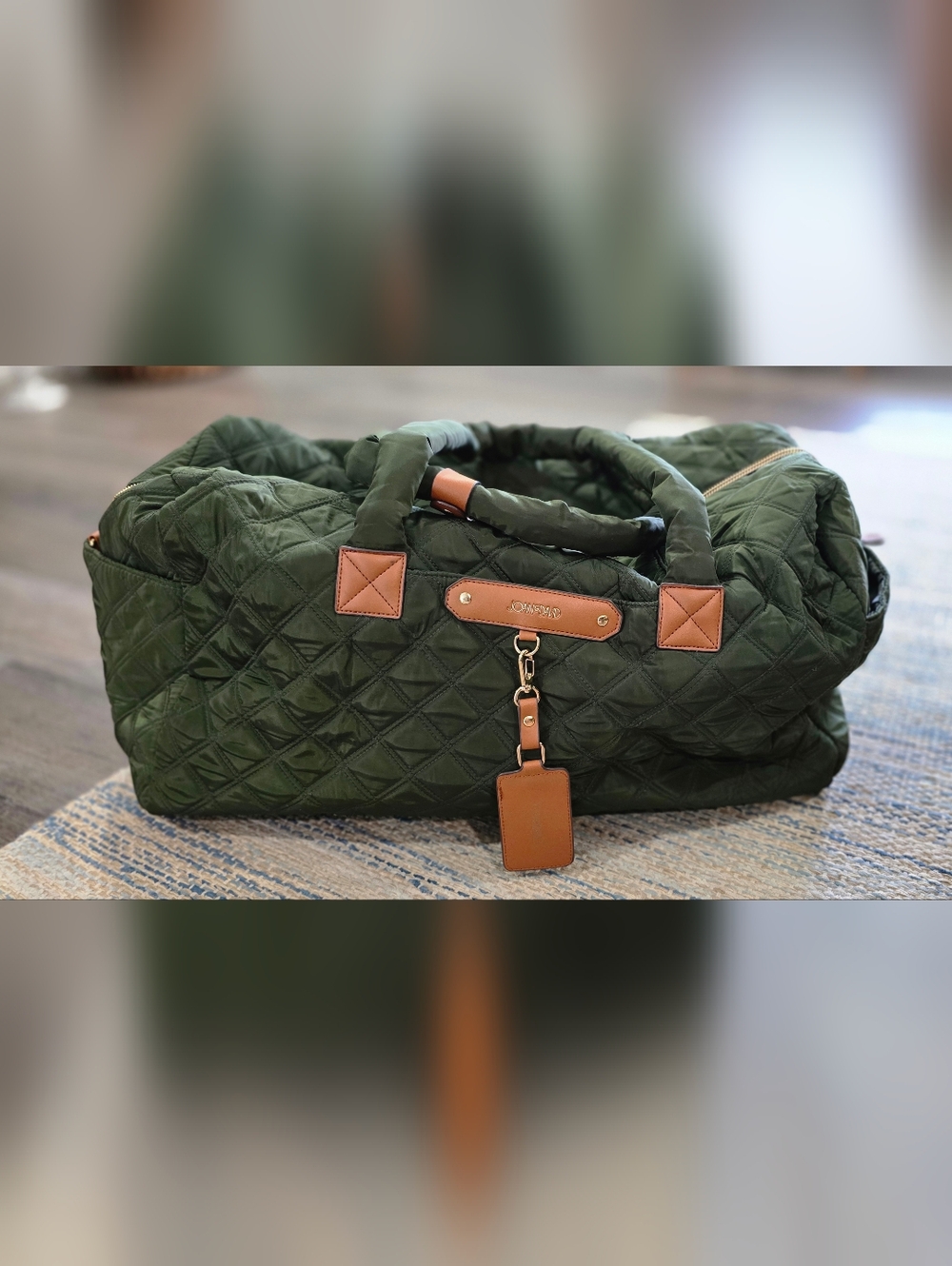 Joan & David Quilted Travel Weekender Bag in Olive Green and Tan